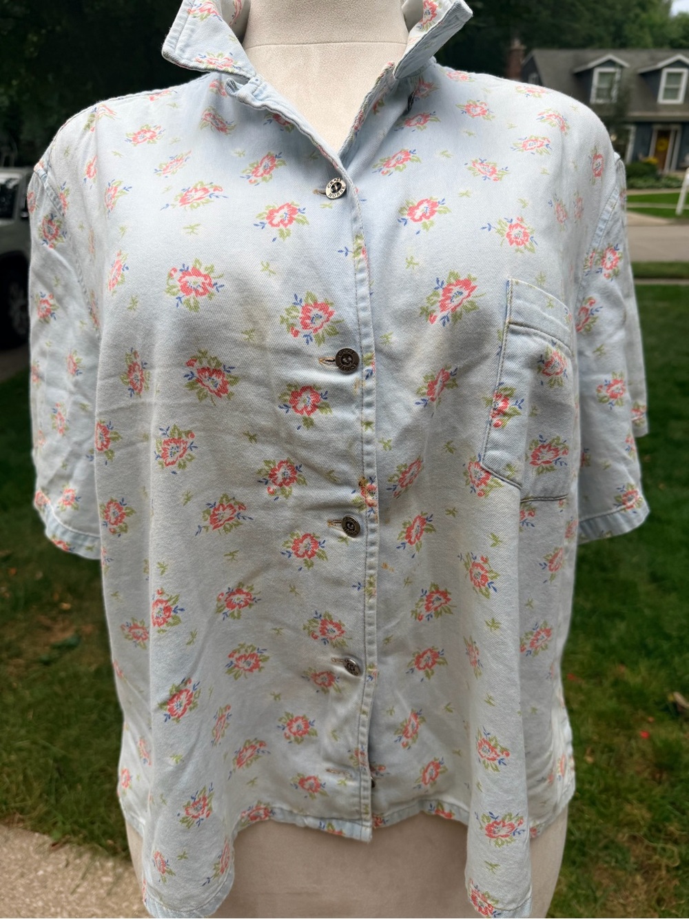 Crazy Horse Liz Claiborne 3X Floral Cotton Button Up Shirt Cottagecore Dopamine